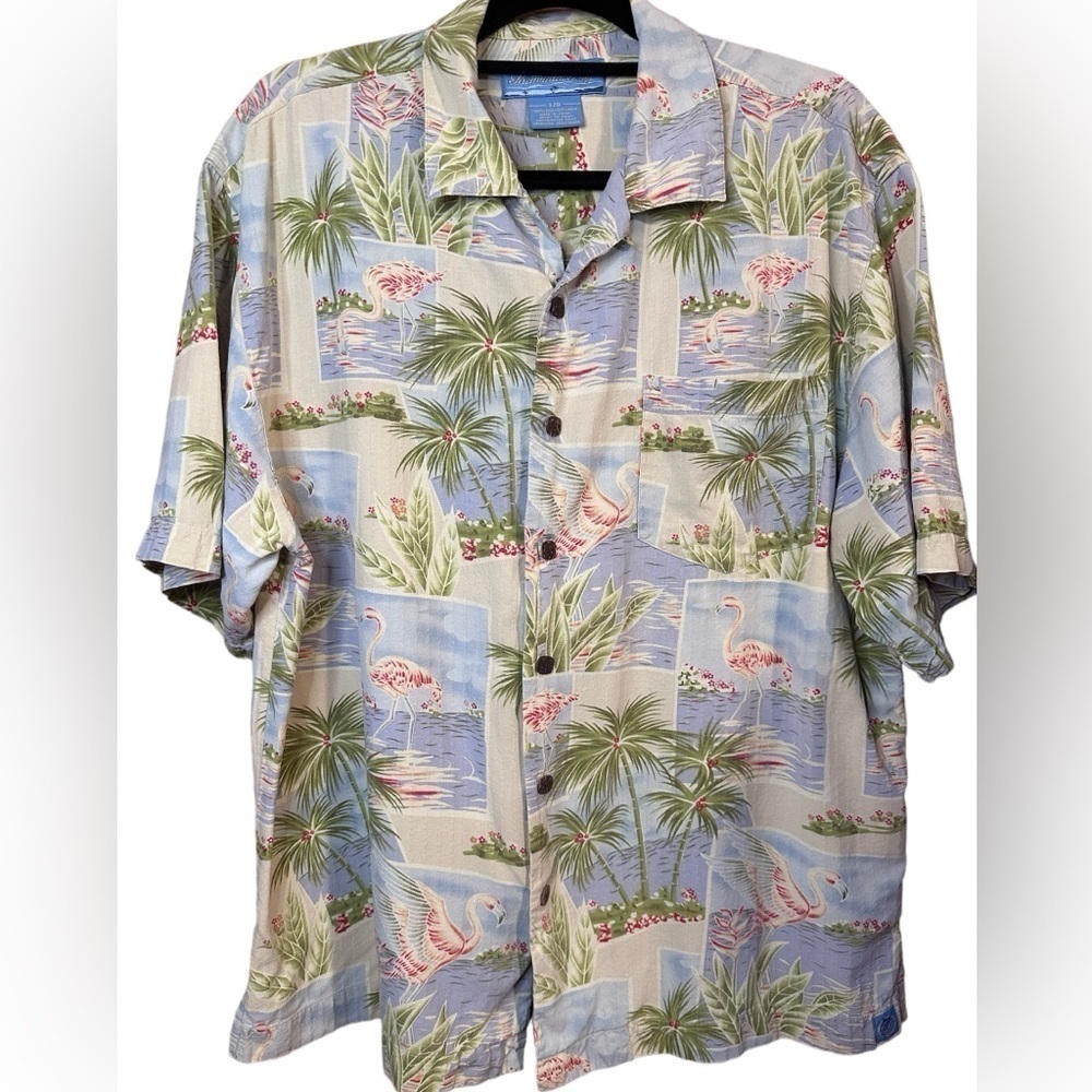 Bermuda Bay Men’s 100% Silk Short Sleeve Button Down Shirt Flamingo Palm Tree